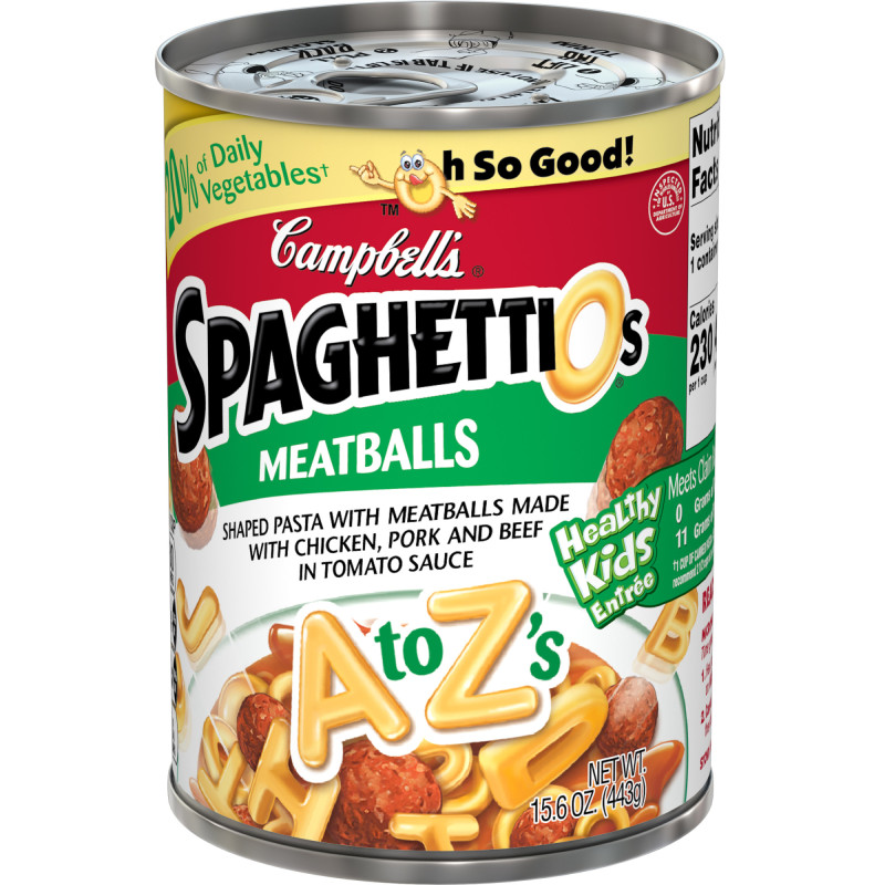 Campbell's® SpaghettiOs® A to Z's Shaped Pasta with Meatballs Campbell's® SpaghettiOs® A to Z's Shaped Pasta with Meatballs